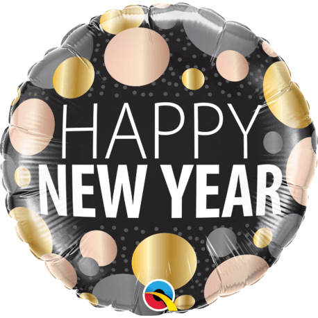 Happy New Year balloon with gold and silver polka dots on a black background