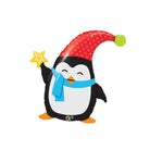 Inflatable penguin with a red hat and blue scarf on a white background