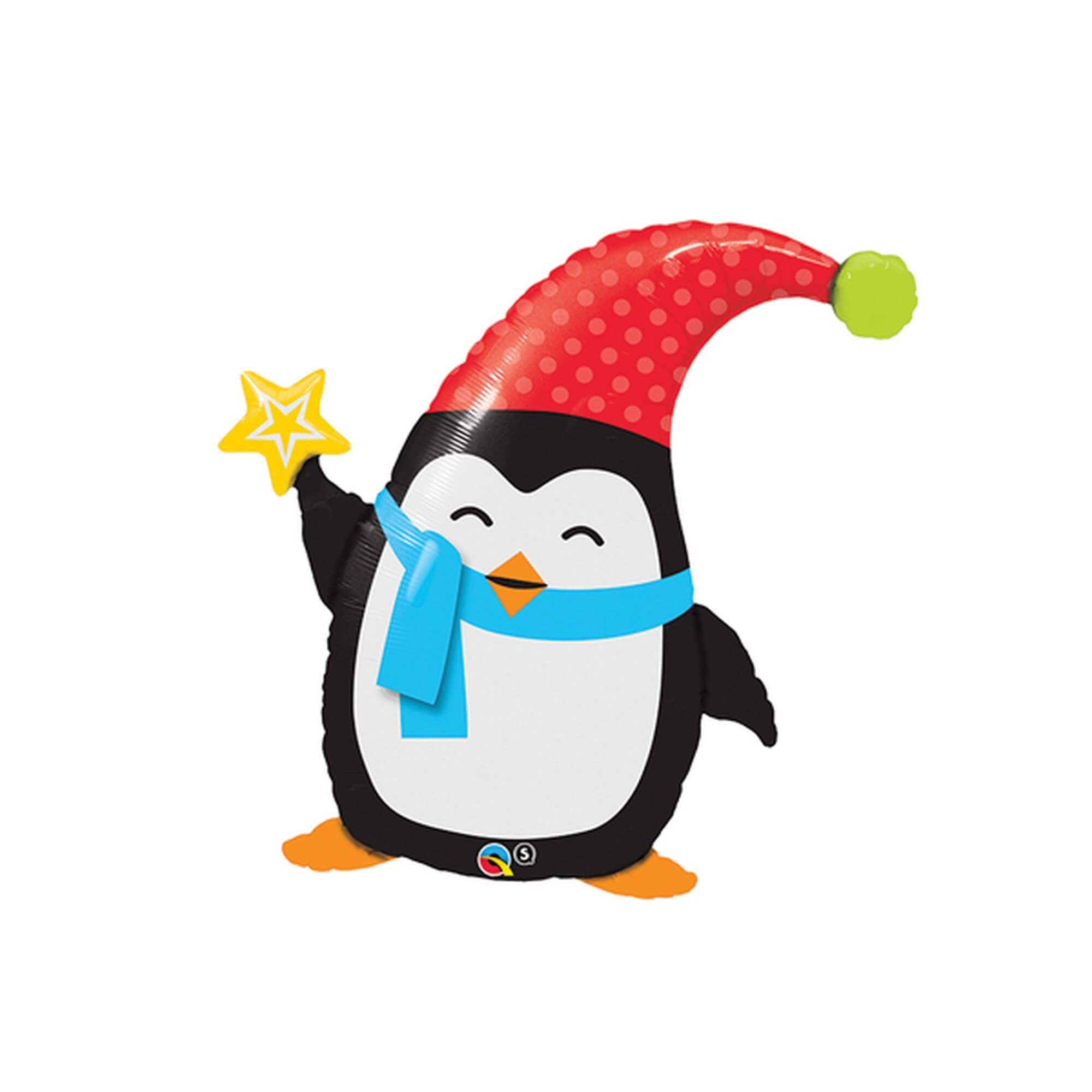 Inflatable penguin with a red hat and blue scarf on a white background