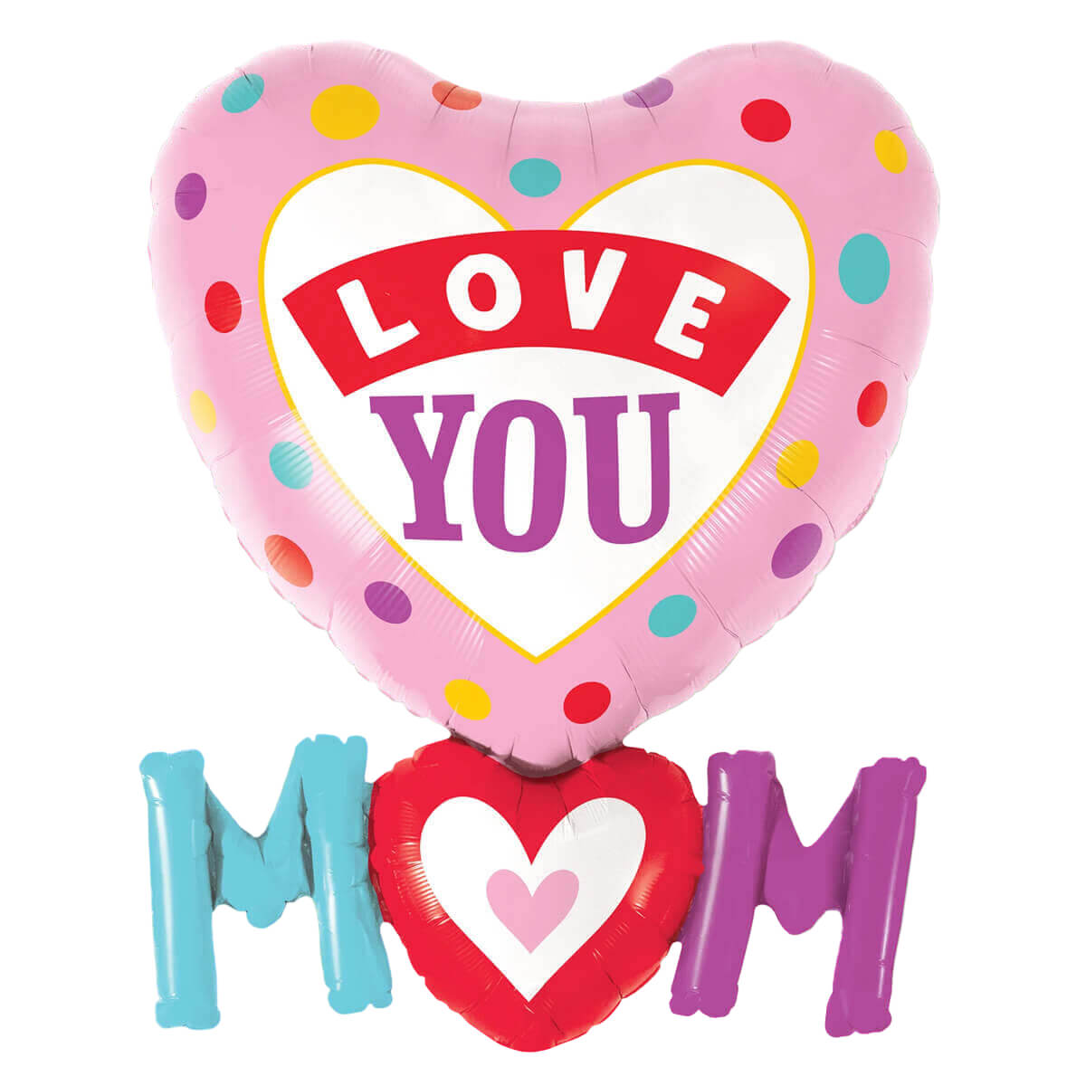 Heart-shaped balloon with 'Love You Mom' text on a white background