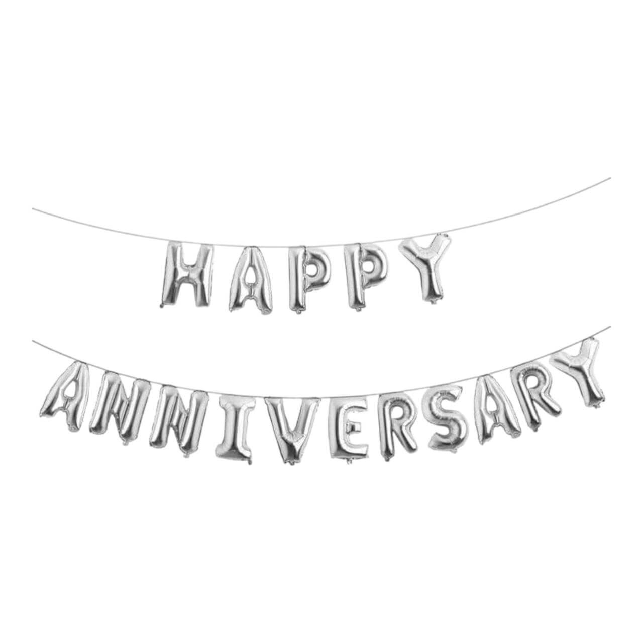 Silver 'Happy Anniversary' balloon banner on a white background