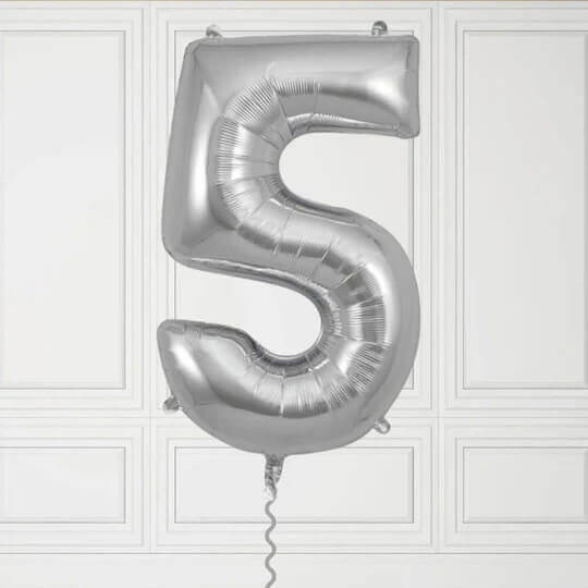 40-Inch Silver Number 5 Balloon – Helium Filled with Weight