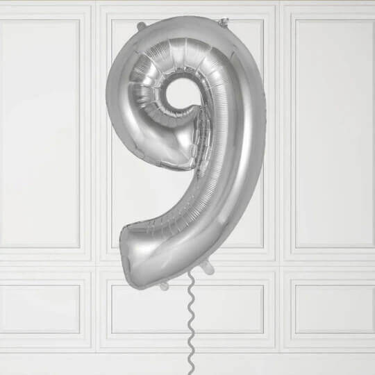 40-Inch Silver Number 9 Balloon – Helium Filled with Weight