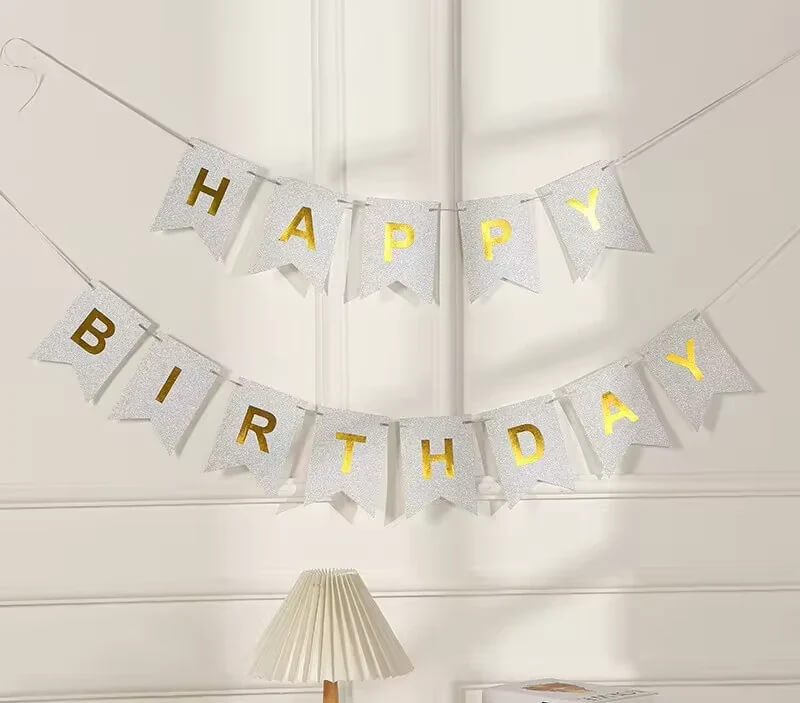 Silver Glitter Happy Birthday Banner with gold letters