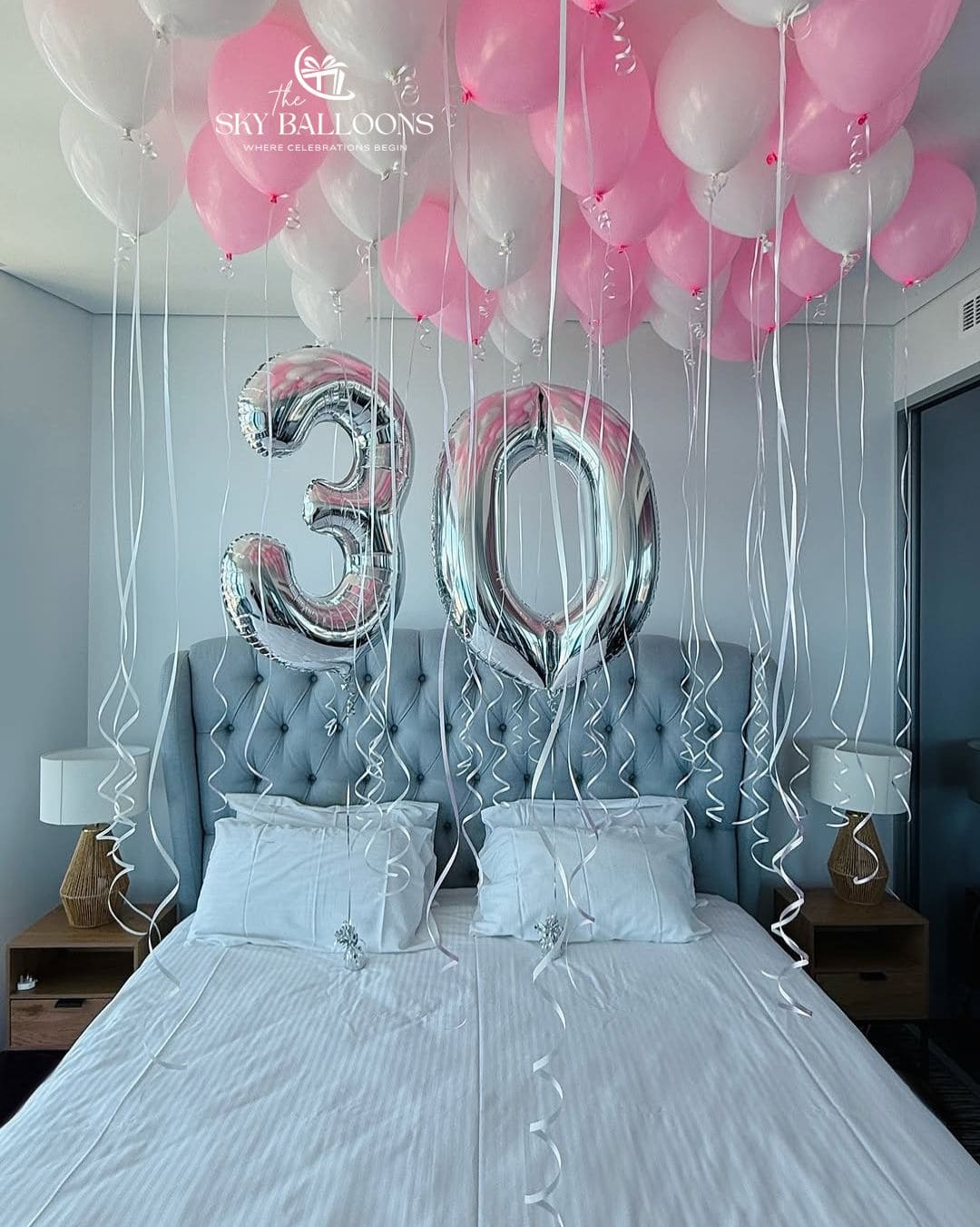 Silver Number 30 Pink White Ceiling Balloons