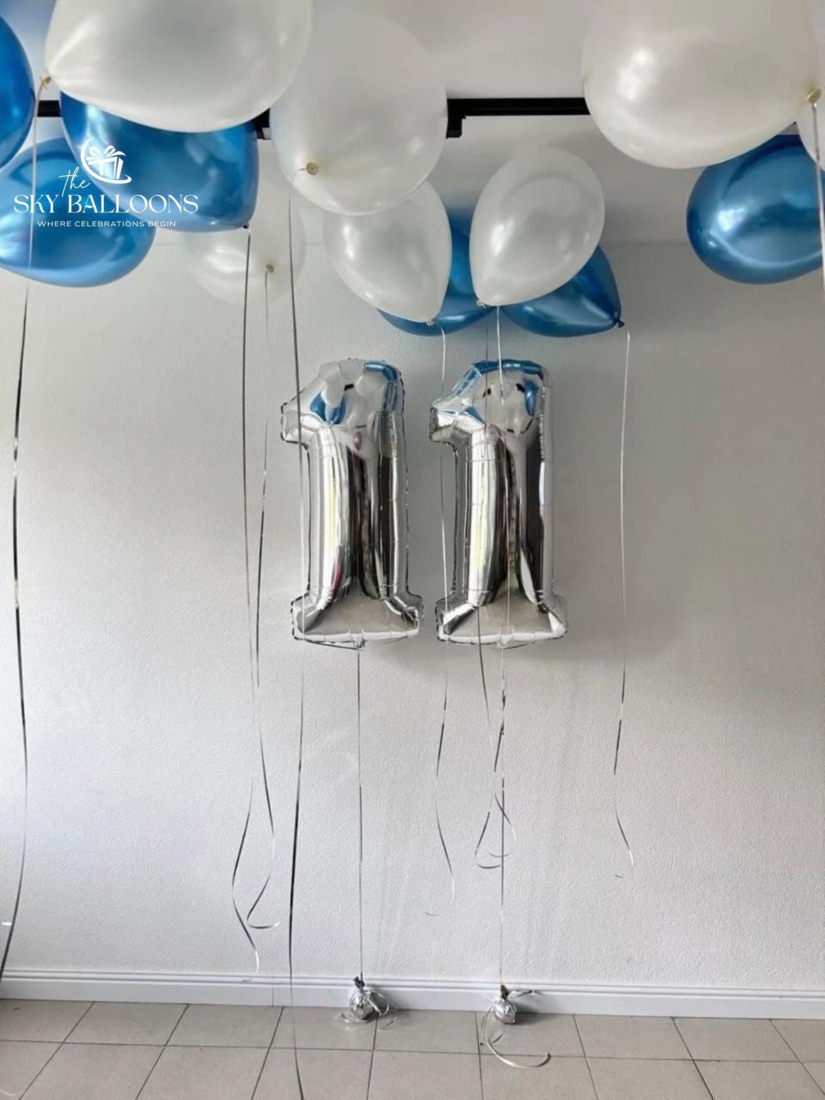 Silver Number & Blue Ceiling Balloon Set