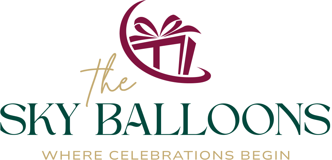 A logo for 'The Sky Balloons' featuring a dark maroon crescent and gift icon above the words 'the SKY BALLOONS' in dark green, with 'WHERE CELEBRATIONS BEGIN' in gold below, on a plain white background.