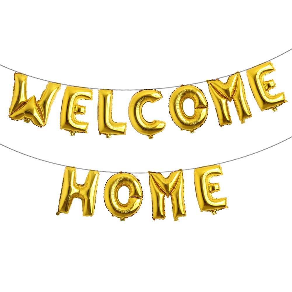 Gold 'Welcome Home' balloon banner on a white background