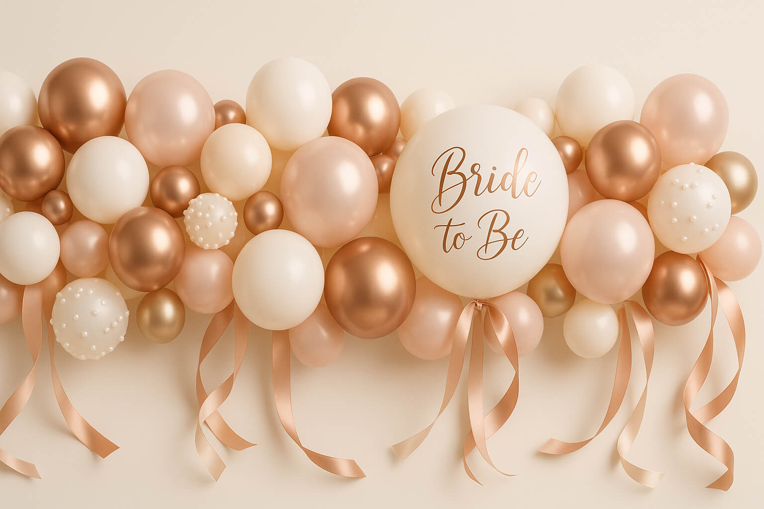 Balloon arch with 'Bride to Be' sign on a beige background