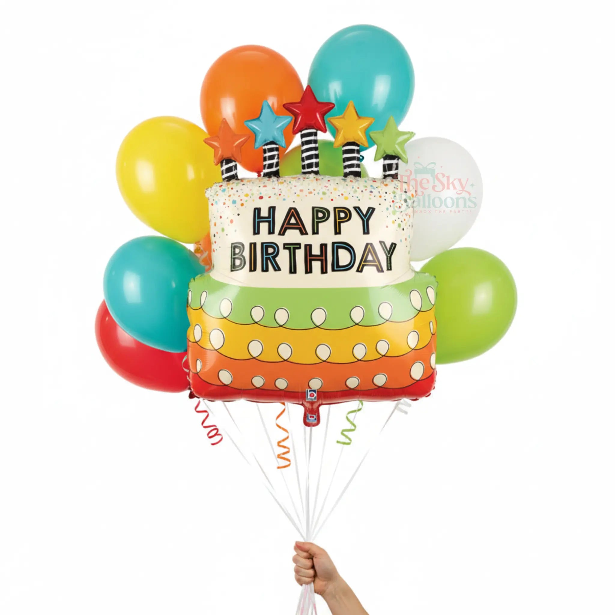 Colorful birthday balloon bouquet with a cake-shaped balloon and 'Happy Birthday' text on a white background.