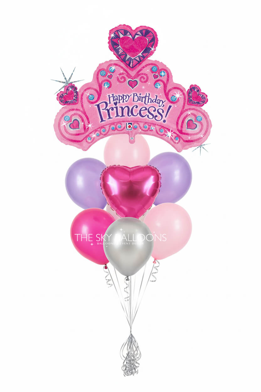 Balloon bouquet with 'Happy Birthday Princess!' message on a white background