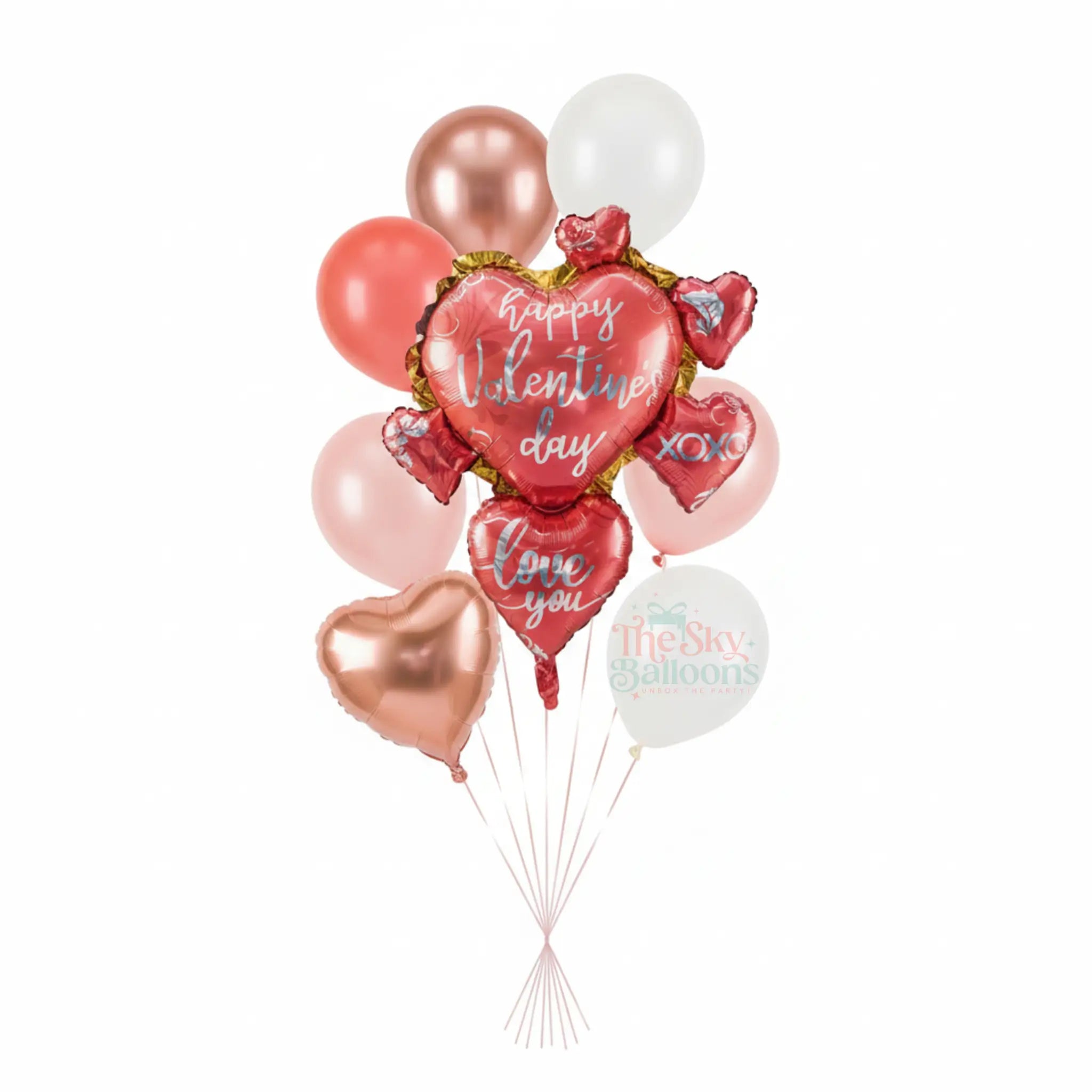 Valentine's Day balloon bouquet with heart-shaped balloons on a white background