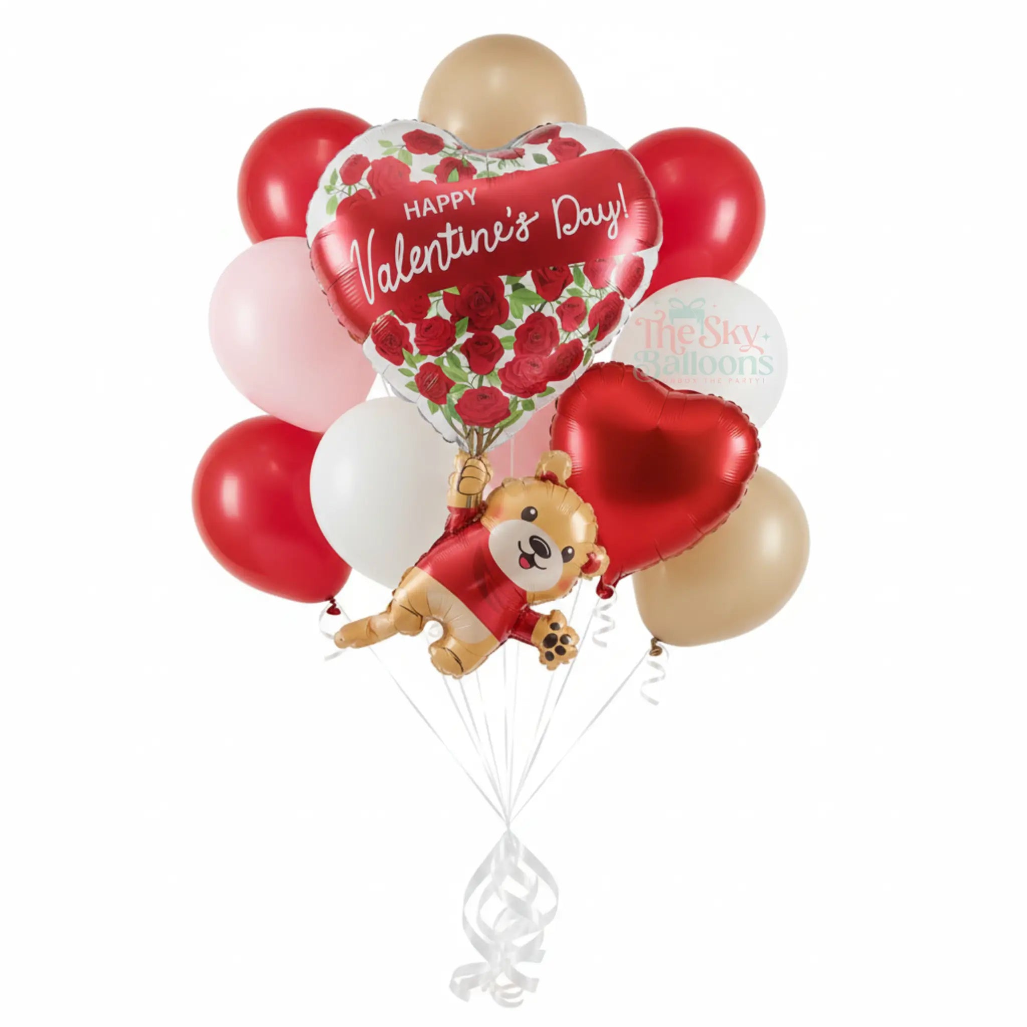 Valentine's Day balloon bouquet with heart-shaped balloon and teddy bear balloon on a white background