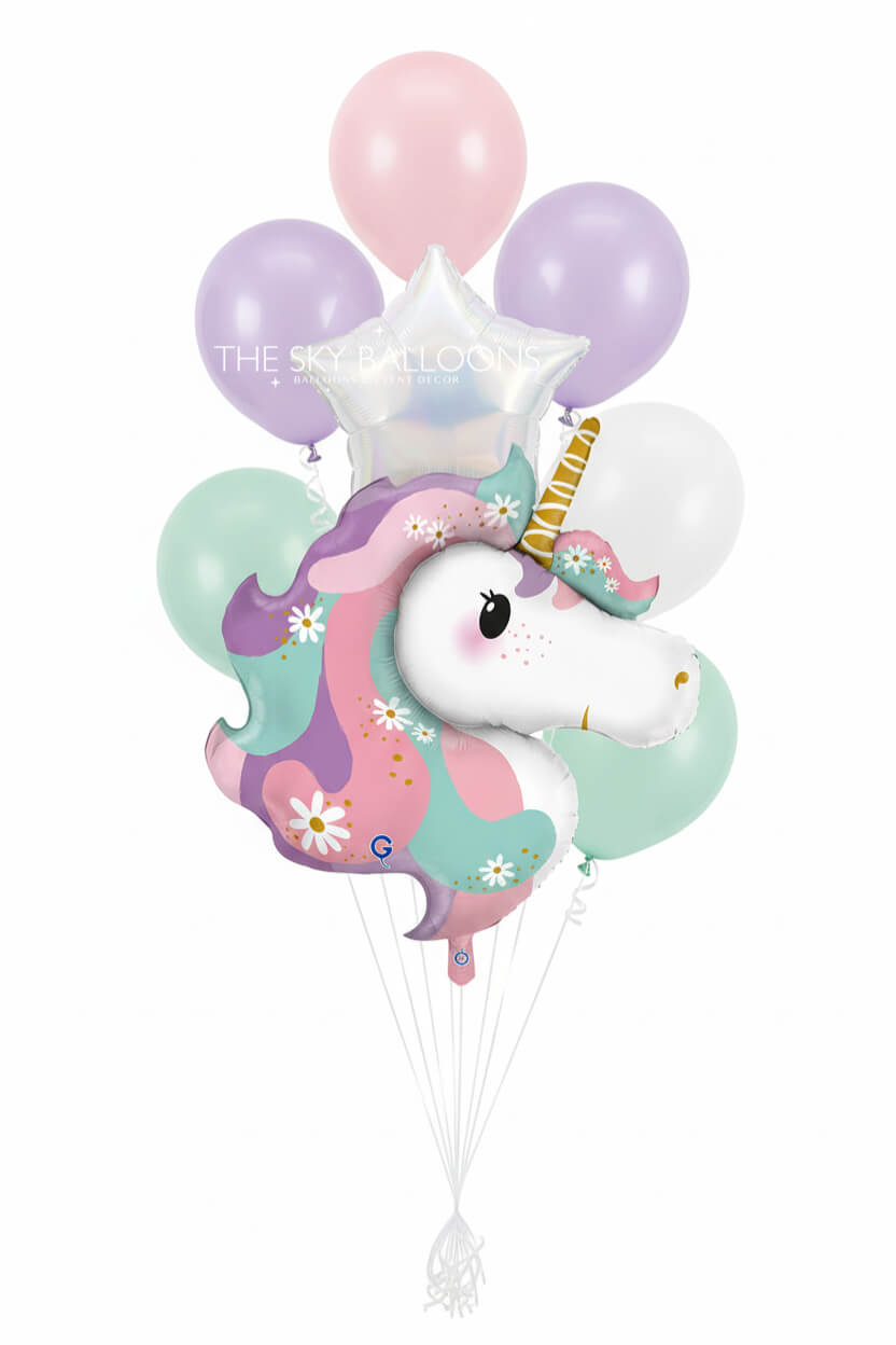 Pastel-colored unicorn balloon bouquet with pink, purple, and green balloons on a white background.